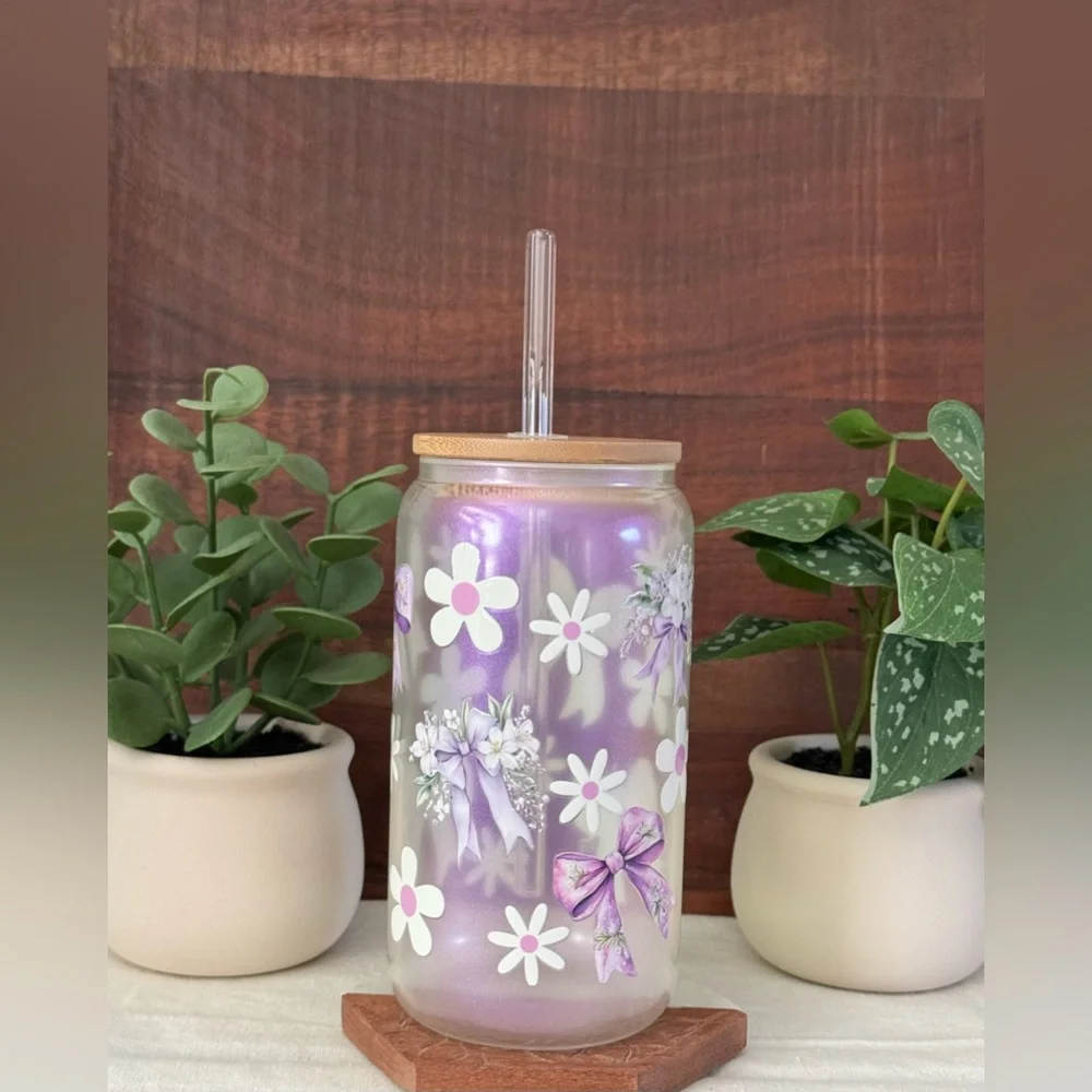 Purple Bows and Daisies Coquette Iridescent Glass Can with Pink Glass Cup - Picture 10 of 12